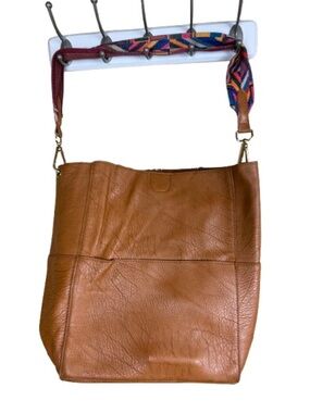 Tan Leather Crossbody Tote with Patterned Strap